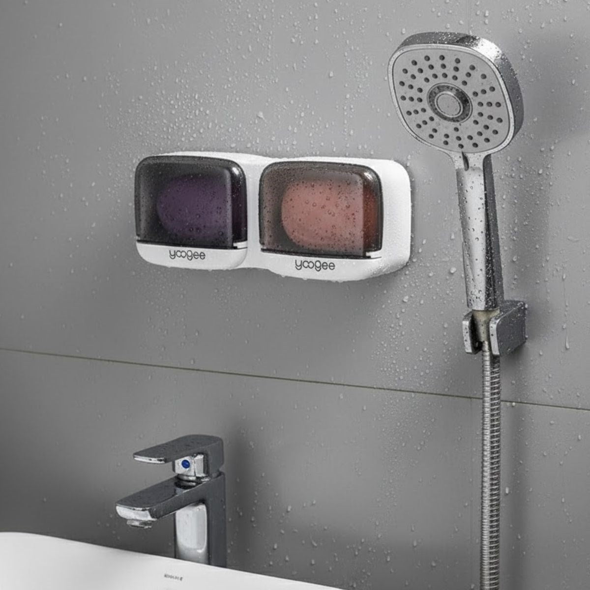 Duvara Monte İkili Kapaklı Plastik Katı Sabunluk Organizer - Banyo & Mutfak İçin Yapışkanlı Sabun Kutusu ve Düzenleyici (5347)