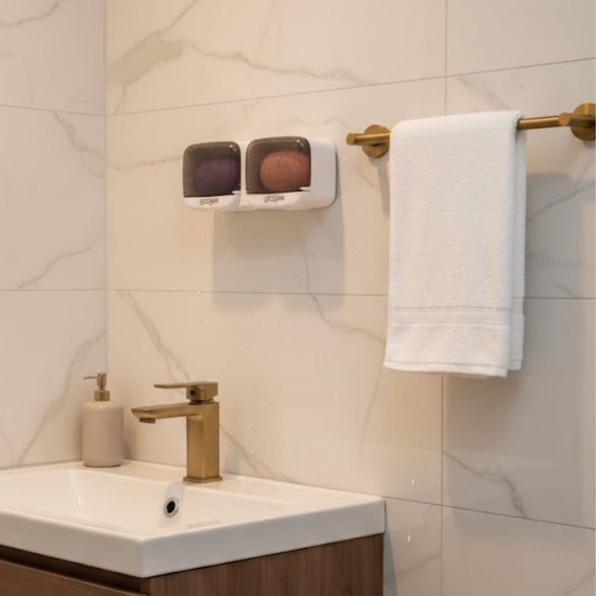 Duvara Monte İkili Kapaklı Plastik Katı Sabunluk Organizer - Banyo & Mutfak İçin Yapışkanlı Sabun Kutusu ve Düzenleyici (5347)