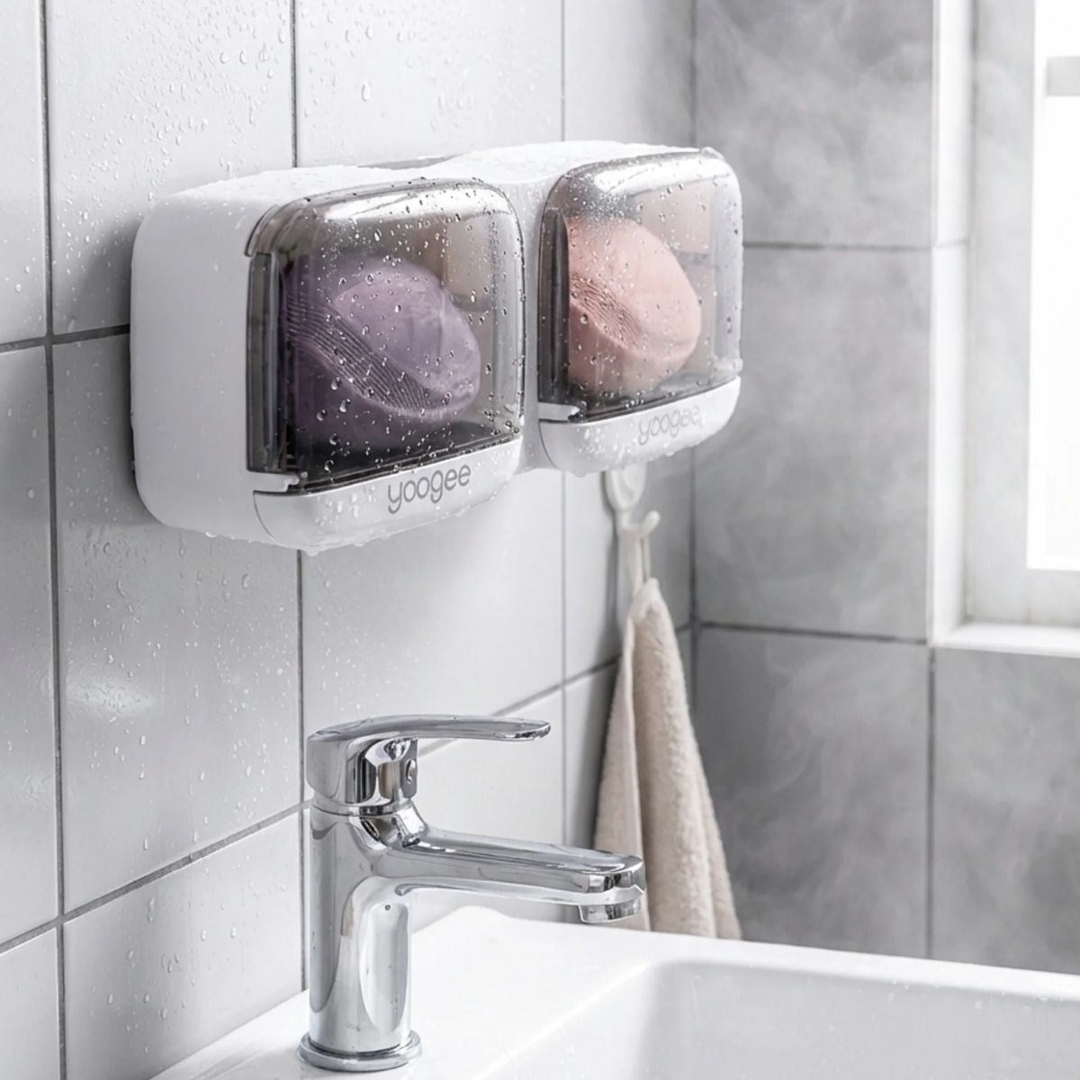 Duvara Monte İkili Kapaklı Plastik Katı Sabunluk Organizer - Banyo & Mutfak İçin Yapışkanlı Sabun Kutusu ve Düzenleyici (5347)