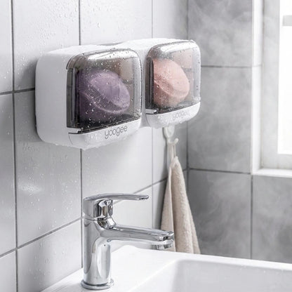 Duvara Monte İkili Kapaklı Plastik Katı Sabunluk Organizer - Banyo & Mutfak İçin Yapışkanlı Sabun Kutusu ve Düzenleyici (5347)