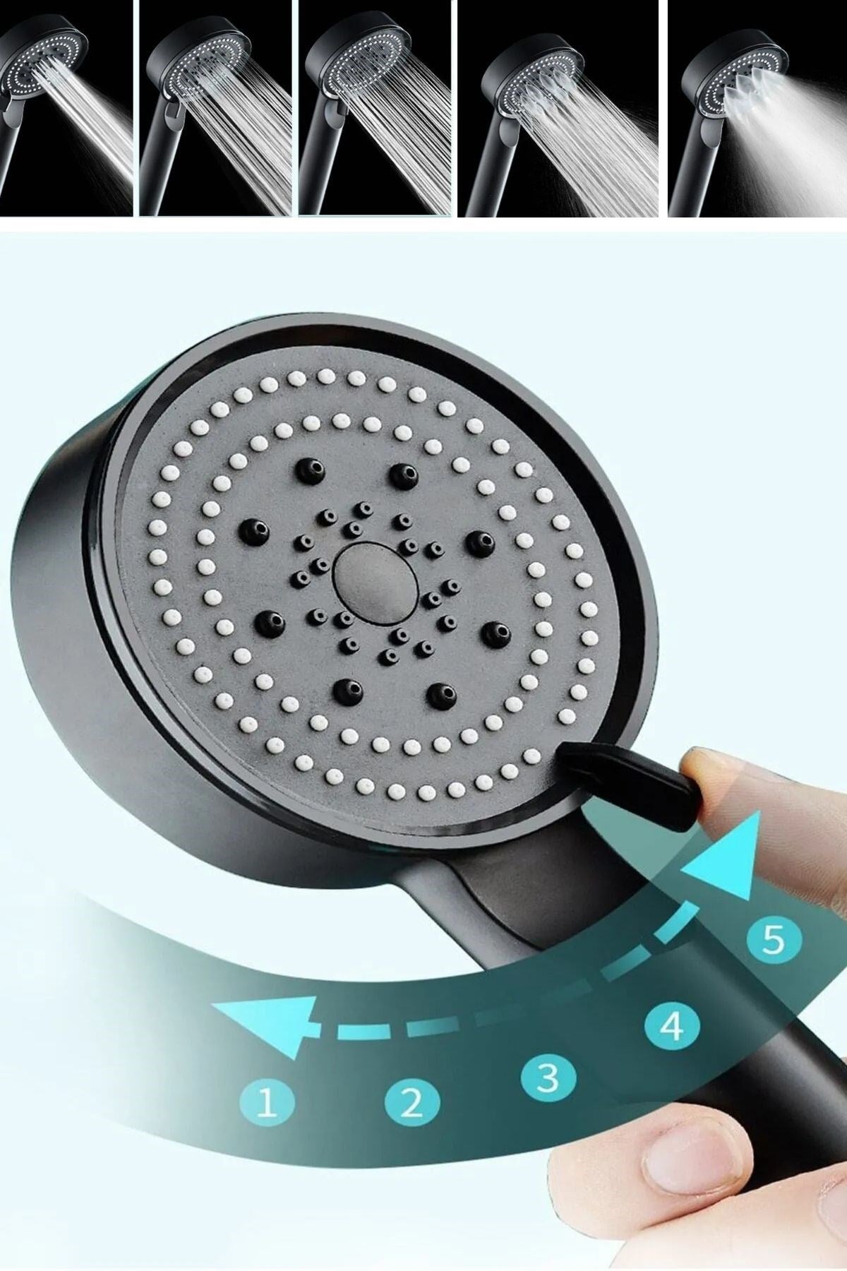 Starixa® 5 Fonksiyonlu Yüksek Basınçlı Ayarlanabilir Siyah Duş Başlığı