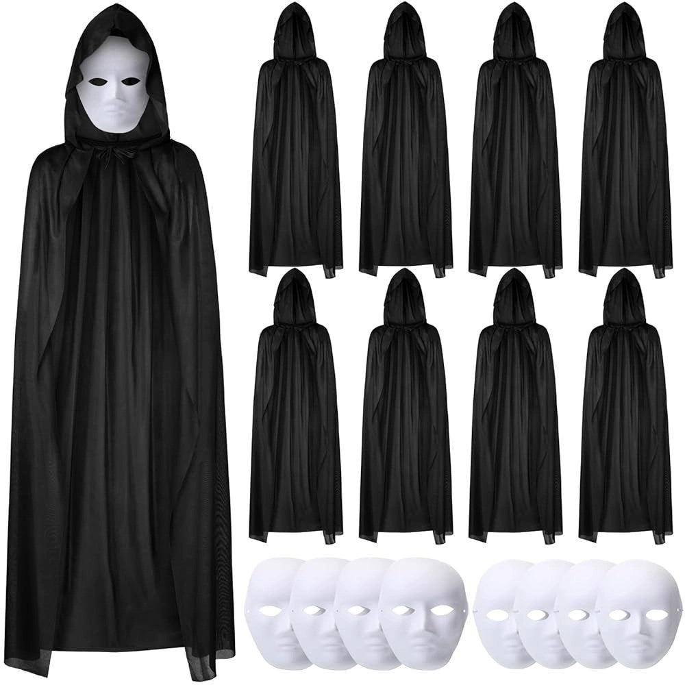 Mey İthalat® 120 cm Siyah Kapüşonlu Pelerin ve Boyanabilir Karton Maske 8 li Set