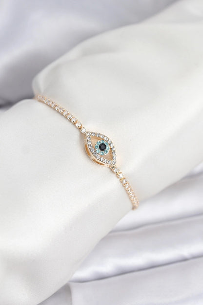 Mey İthalat® Göz Model Zirkon Taşlı Gold Renk Asansörlü Su Yolu Bileklik