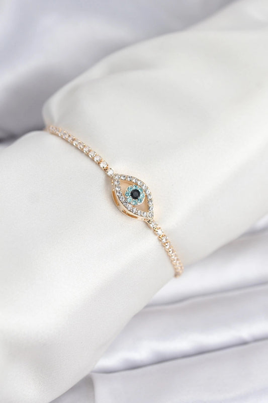 Mey İthalat® Göz Model Zirkon Taşlı Gold Renk Asansörlü Su Yolu Bileklik