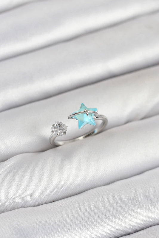 Mey İthalat® Pirinç Gümüş Renk Mavi Yıldızlı Model Kadın Yüzük
