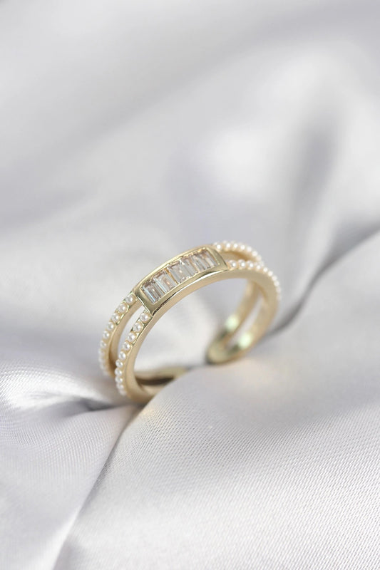Mey İthalat® Baget Zirkon Taşlı Gold Renk İncili Kadın Yüzük