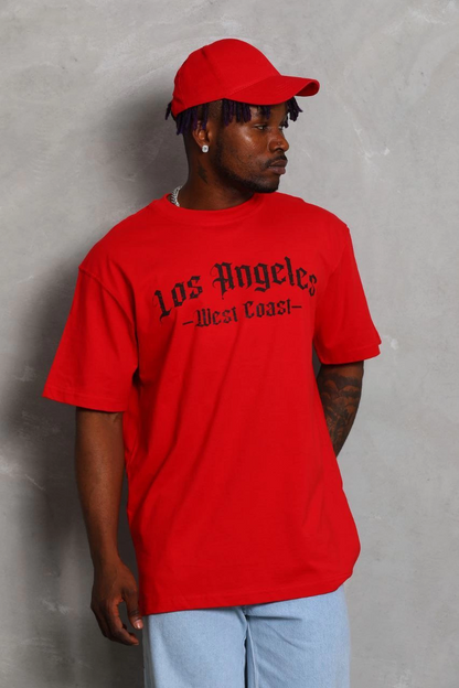 Unisex Oversized Printed Crew Neck T-Shirt - Red