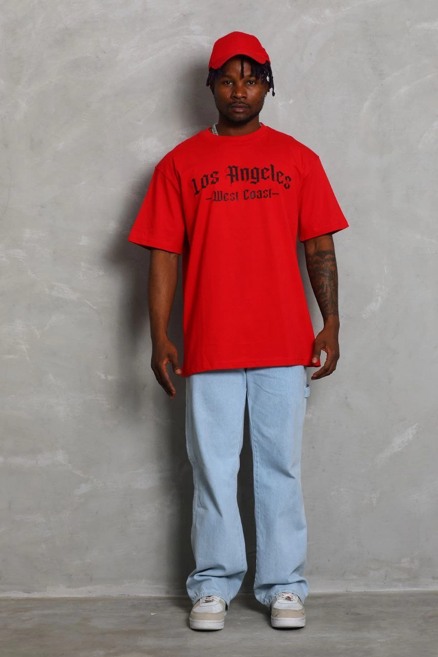 Unisex Oversized Printed Crew Neck T-Shirt - Red