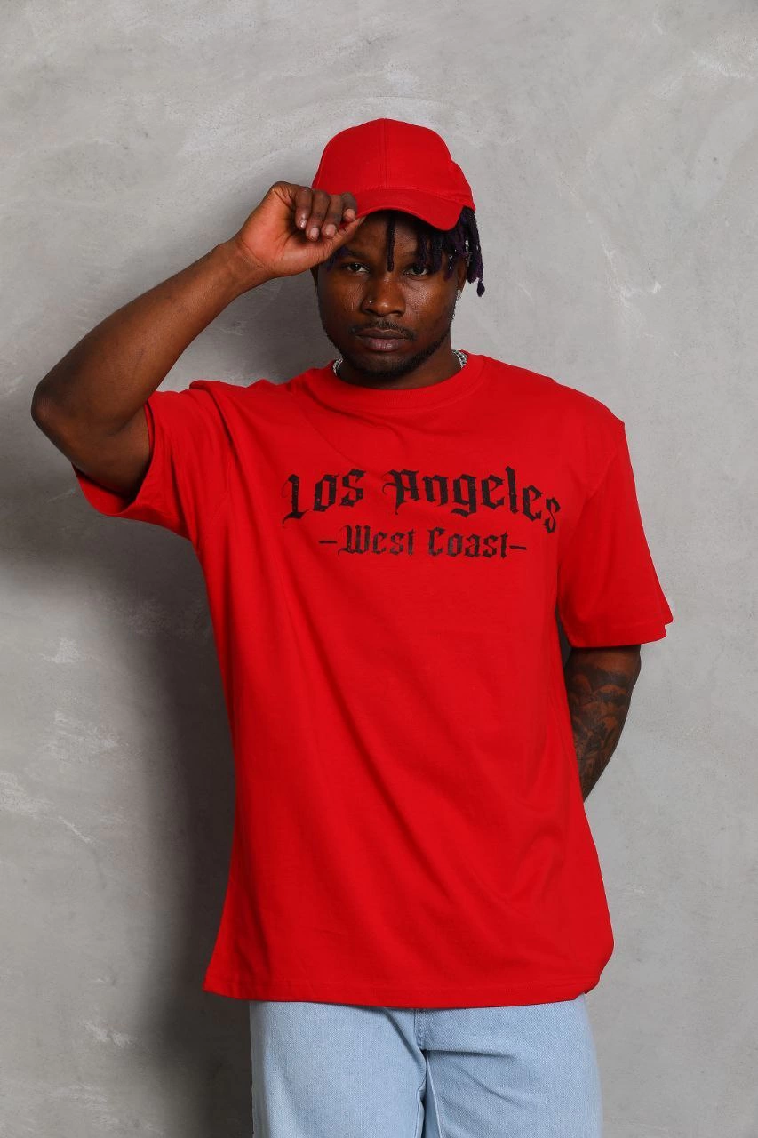 Unisex Oversized Printed Crew Neck T-Shirt - Red