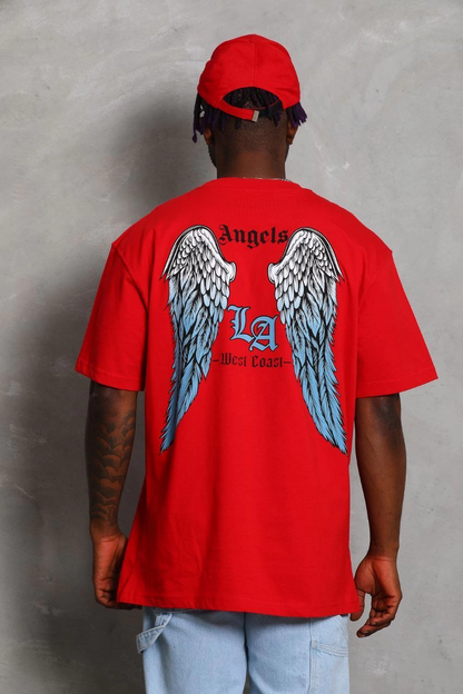 Unisex Oversized Printed Crew Neck T-Shirt - Red