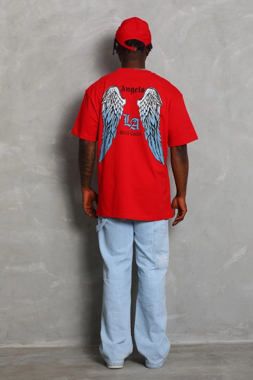 Unisex Oversized Printed Crew Neck T-Shirt - Red