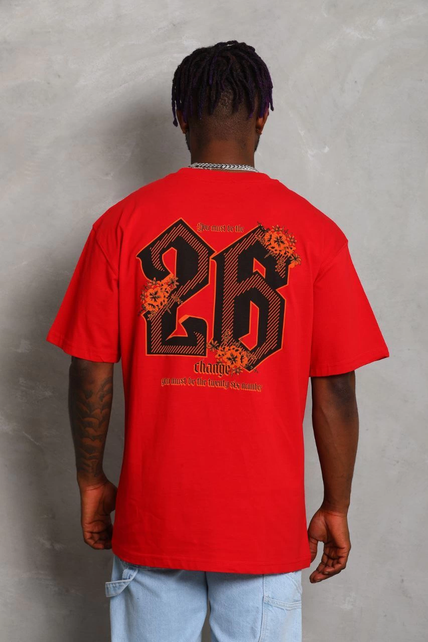 Unisex Oversized Printed Crew Neck T-Shirt - Red