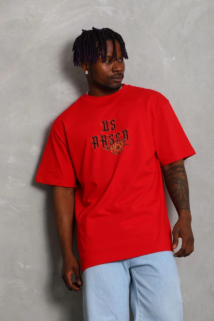 Unisex Oversized Printed Crew Neck T-Shirt - Red