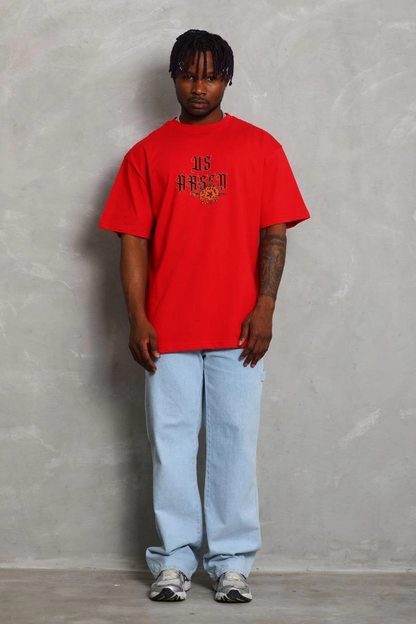 Unisex Oversized Printed Crew Neck T-Shirt - Red