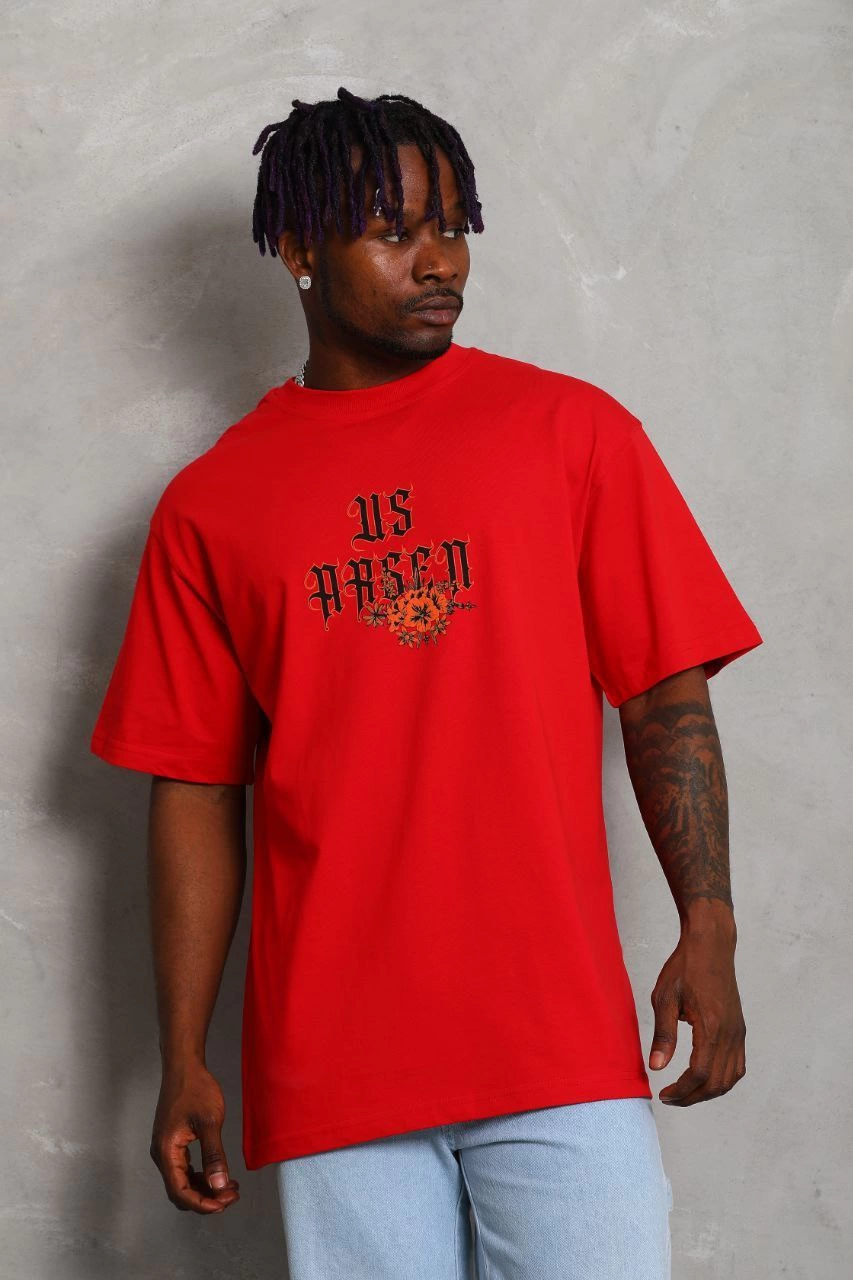 Unisex Oversized Printed Crew Neck T-Shirt - Red