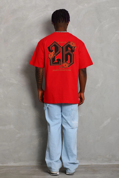Unisex Oversized Printed Crew Neck T-Shirt - Red