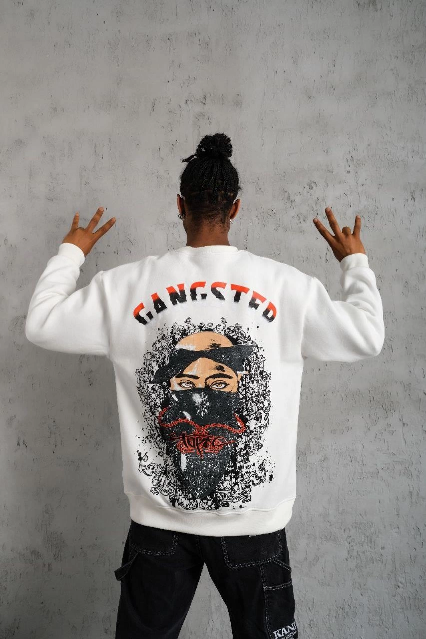 Men's 3-Thread Gangster Print Sweatshirt - White