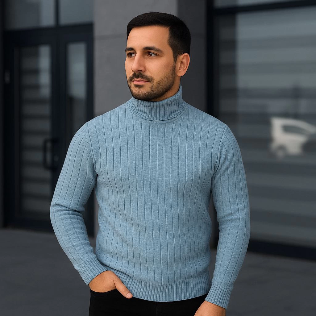Erkek Balıkcı Yaka Bağazlı Triko Kazak Pamuklu Kalın Fitilli Dokuma, Regular Fit Uzun Kollu Kışlık Model - Bebe Mavisi
