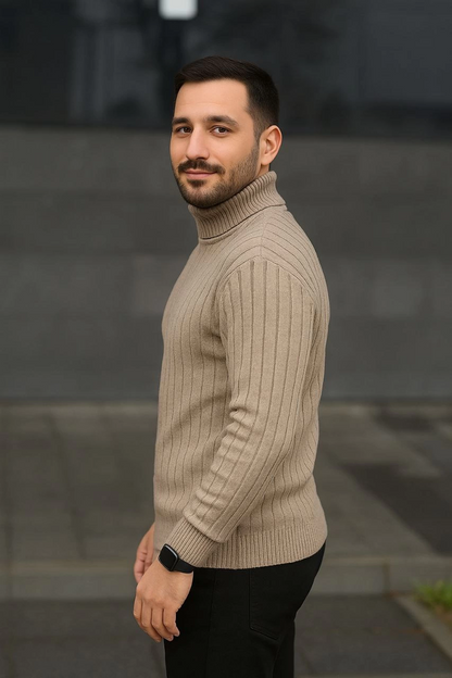 Erkek Balıkcı Yaka Bağazlı Triko Kazak Pamuklu Kalın Fitilli Dokuma, Regular Fit Uzun Kollu Kışlık Model - Bej