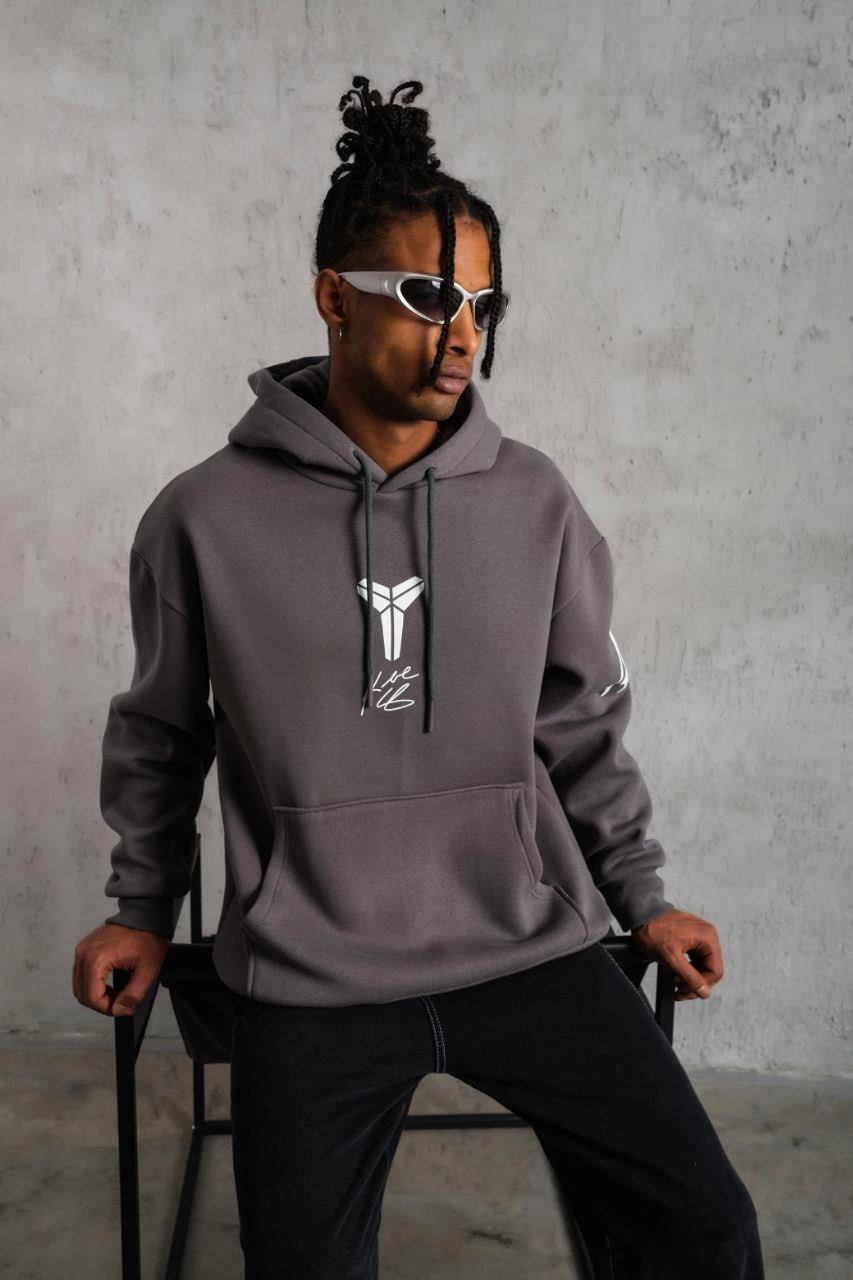 Erkek Baskılı Kapüşonlu Sweat - Gri