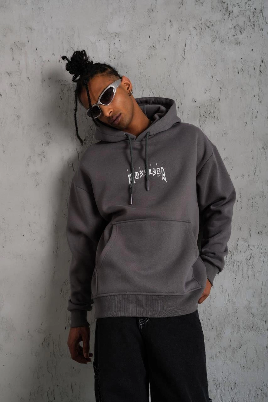 Men's Printed Hoodie with Kangaroo Pocket - Grey