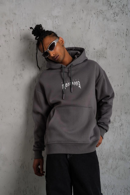Men's Printed Hoodie with Kangaroo Pocket - Grey
