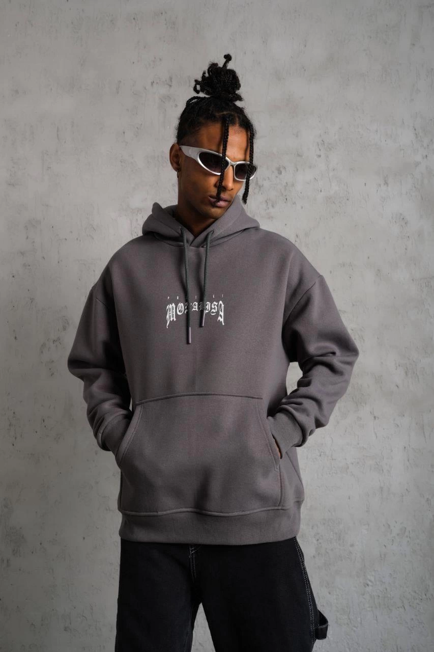 Men's Printed Hoodie with Kangaroo Pocket - Grey