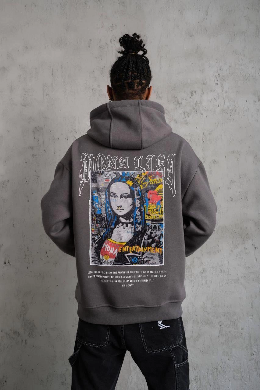 Men's Printed Hoodie with Kangaroo Pocket - Grey
