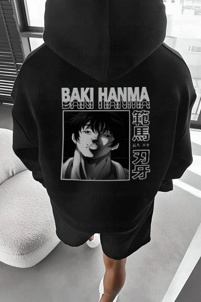 Men's Printed Hooded Sweatshirt with Drawstring - Black