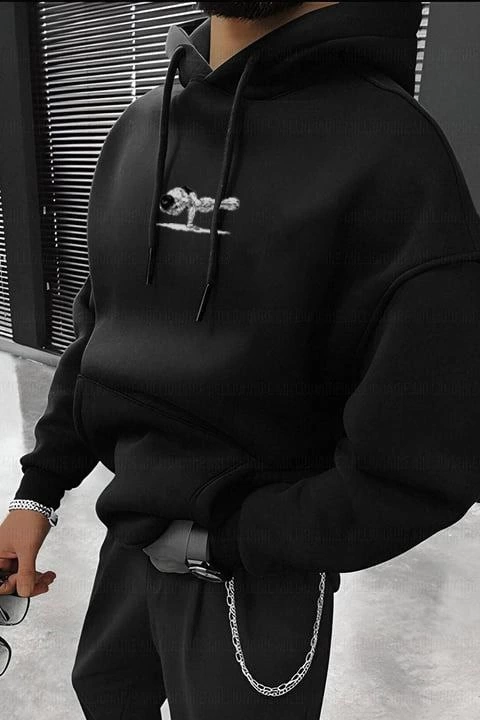 Men's Printed Hooded Sweatshirt with Drawstring - Black