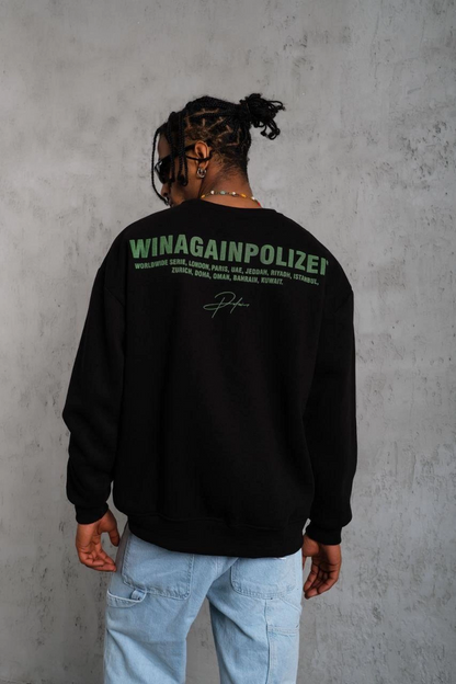 Men's Oversize Sweatshirt - Black | Front and Back Print, Three-Thread Cotton Lined Fabric, Comfortable Fit, Ribbed Winter Sweatshirt | Winagain Polizei Series - Black
