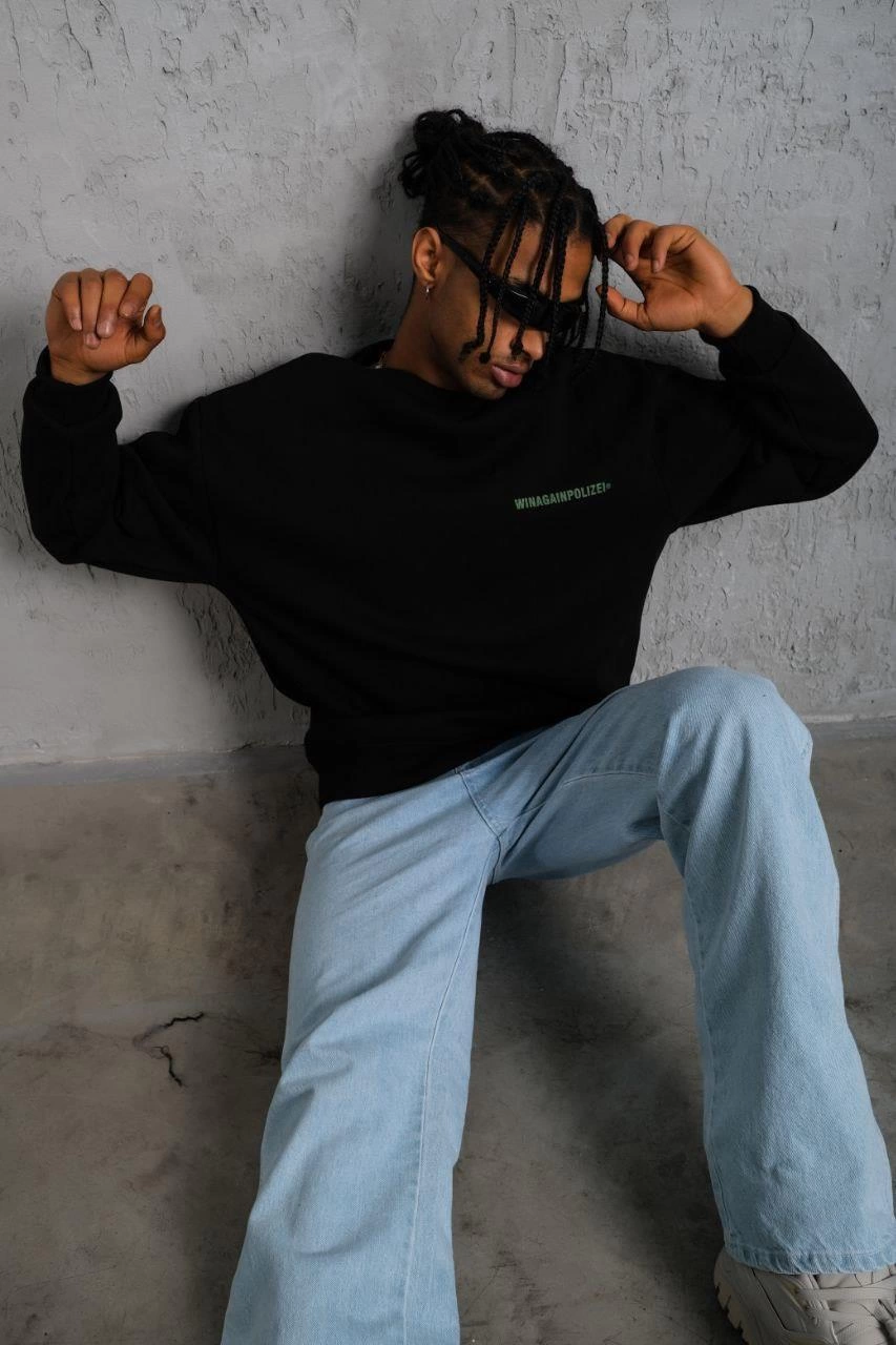 Men's Oversize Sweatshirt - Black | Front and Back Print, Three-Thread Cotton Lined Fabric, Comfortable Fit, Ribbed Winter Sweatshirt | Winagain Polizei Series - Black