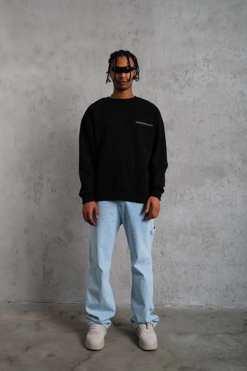 Men's Oversize Sweatshirt - Black | Front and Back Print, Three-Thread Cotton Lined Fabric, Comfortable Fit, Ribbed Winter Sweatshirt | Winagain Polizei Series - Black