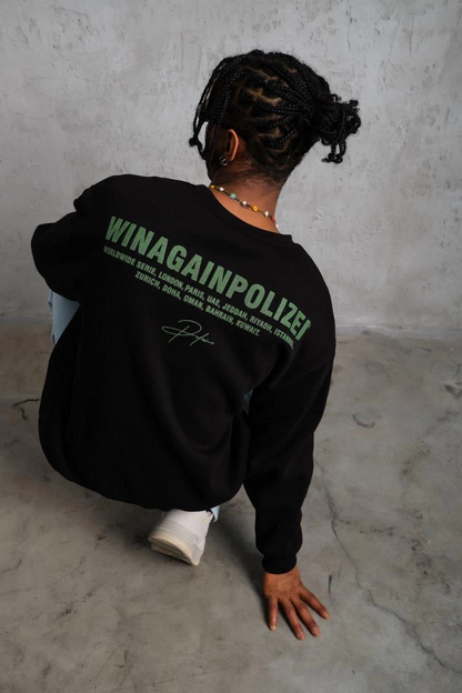 Men's Oversize Sweatshirt - Black | Front and Back Print, Three-Thread Cotton Lined Fabric, Comfortable Fit, Ribbed Winter Sweatshirt | Winagain Polizei Series - Black