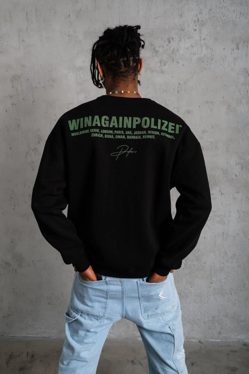 Men's Oversize Sweatshirt - Black | Front and Back Print, Three-Thread Cotton Lined Fabric, Comfortable Fit, Ribbed Winter Sweatshirt | Winagain Polizei Series - Black