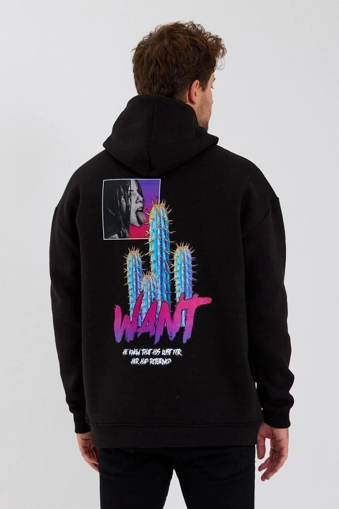 Men's Printed Three-Thread Hooded Oversize Sweatshirt - Black