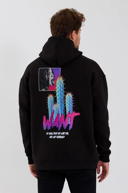 Men's Printed Three-Thread Hooded Oversize Sweatshirt - Black