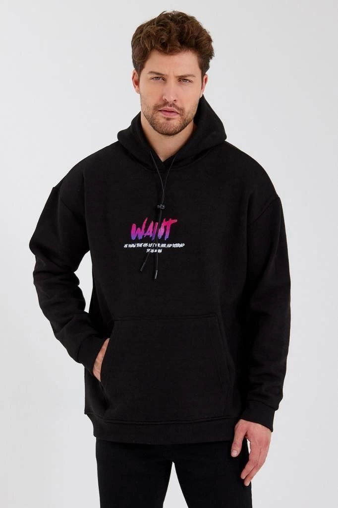 Men's Printed Three-Thread Hooded Oversize Sweatshirt - Black