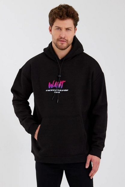 Men's Printed Three-Thread Hooded Oversize Sweatshirt - Black