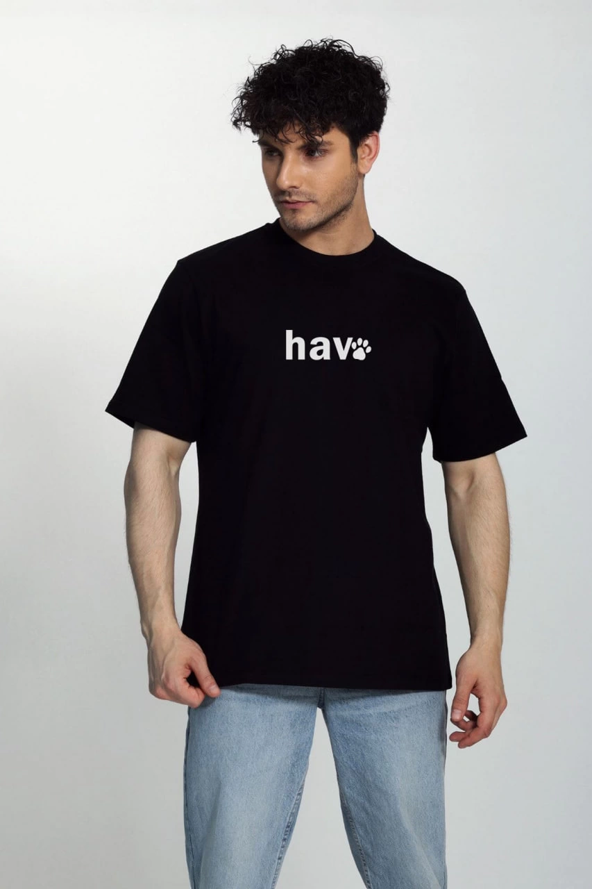 Erkek Bisiklet Yaka Kısa Kol hav Baskılı T-shirt - Siyah