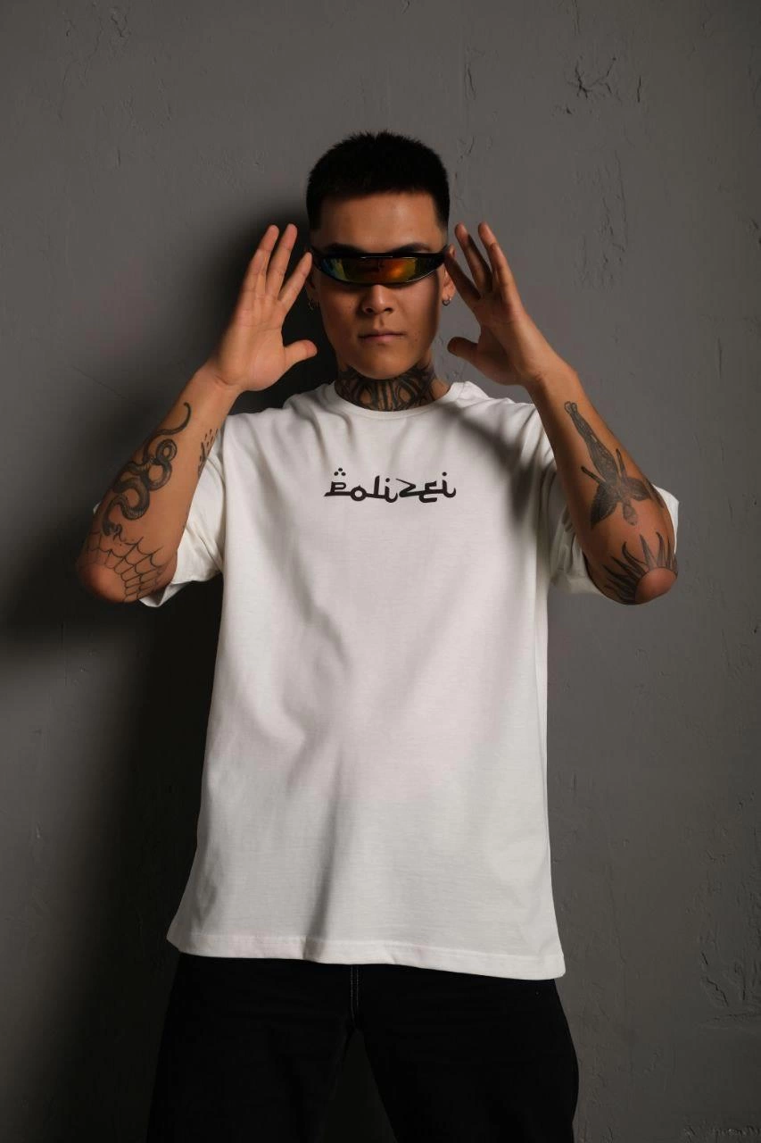 Men's Bicycle Collar Back Print Oversize T-Shirt - White