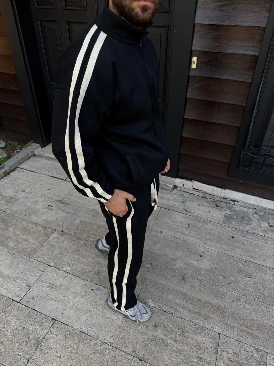Erkek Çift Şeritli Eşofman Takım Dik Yaka Fermuarlı Sweatshirt Boru Paça Alt, Oversize 3 iplik Pamuklu - Siyah