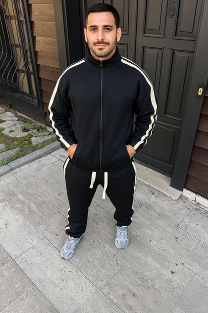 Erkek Çift Şeritli Eşofman Takım Dik Yaka Fermuarlı Sweatshirt Boru Paça Alt, Oversize 3 iplik Pamuklu - Siyah