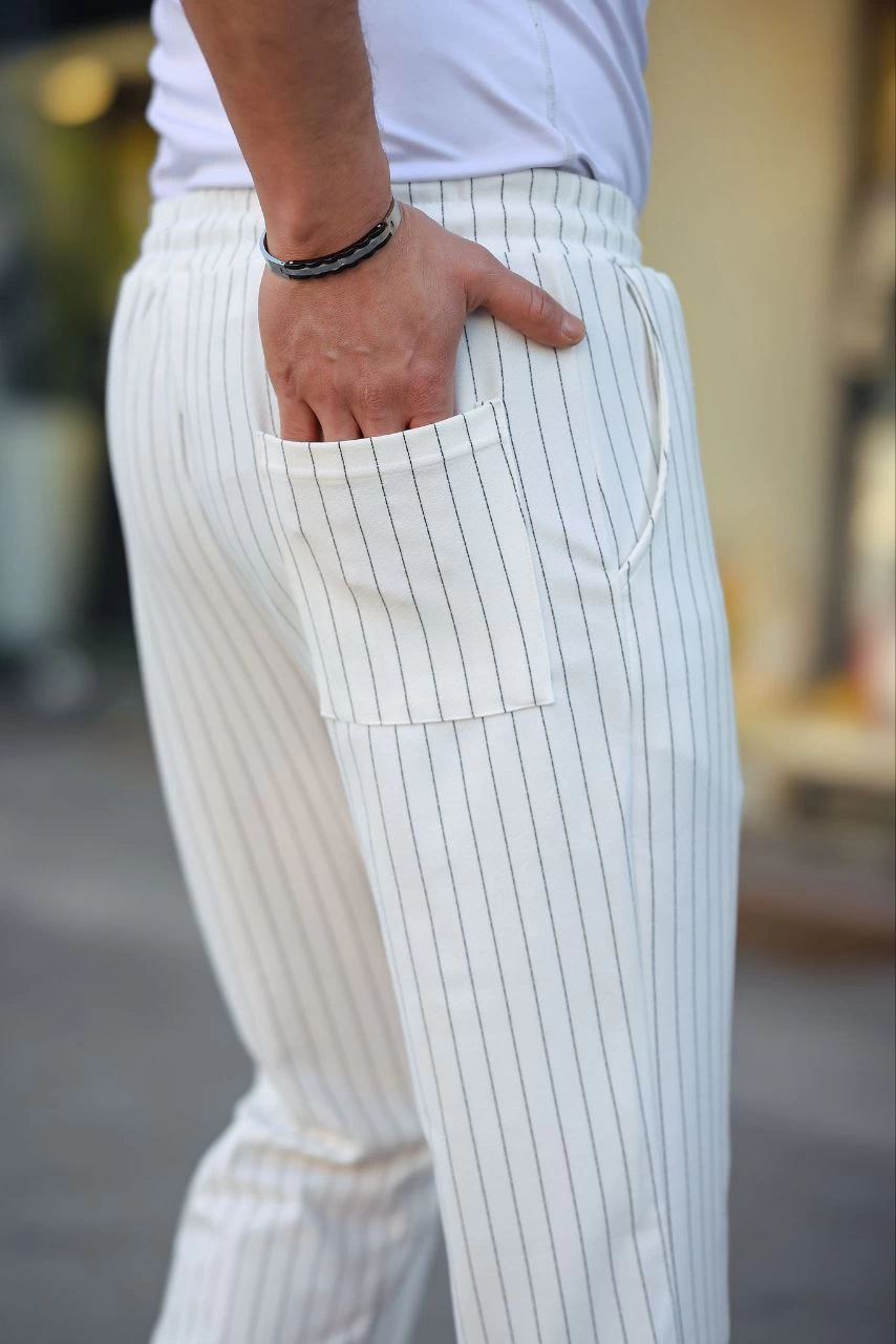 Men's Striped Woven Crepe Jogger Buggy Pants Relaxed Fit - White