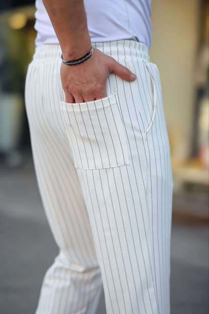 Men's Striped Woven Crepe Jogger Buggy Pants Relaxed Fit - White