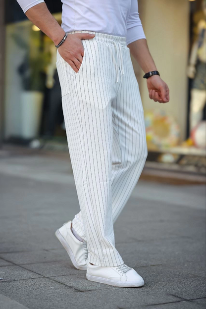 Men's Striped Woven Crepe Jogger Buggy Pants Relaxed Fit - White
