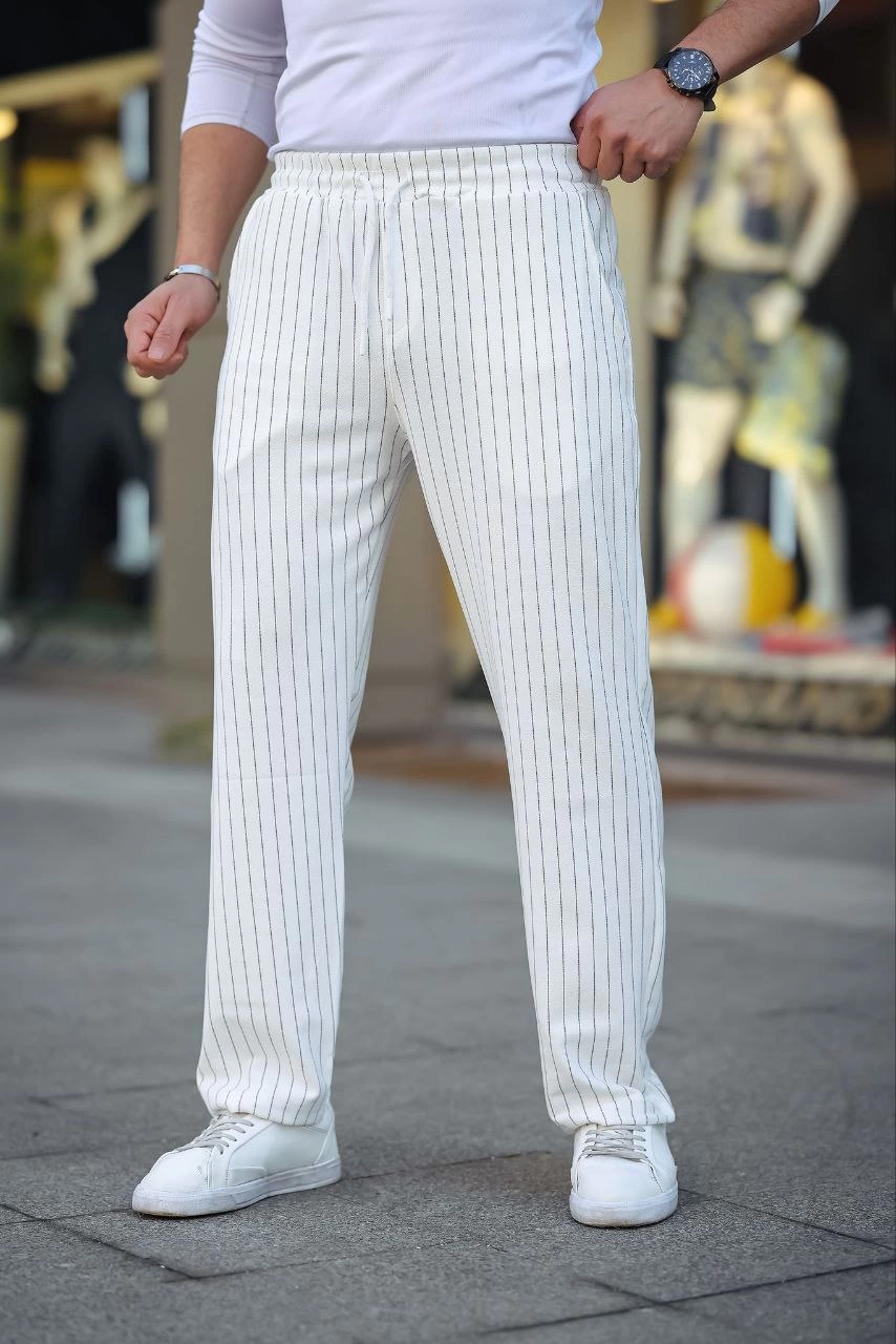 Men's Striped Woven Crepe Jogger Buggy Pants Relaxed Fit - White