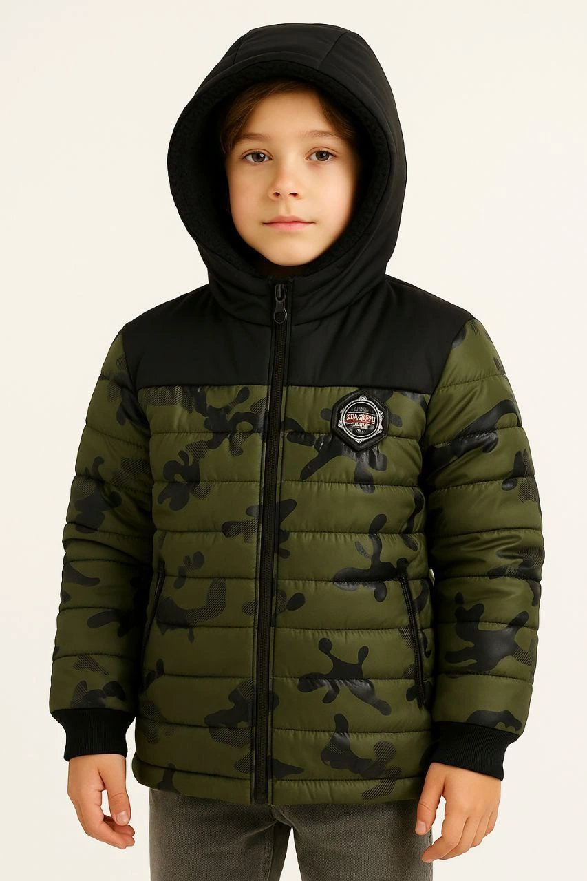 Boys' Camouflage Puffer Jacket - Khaki - Warm Plush Lined, Hooded, Zippered, Water-Repellent Winter Coat