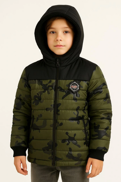 Boys' Camouflage Puffer Jacket - Khaki - Warm Plush Lined, Hooded, Zippered, Water-Repellent Winter Coat
