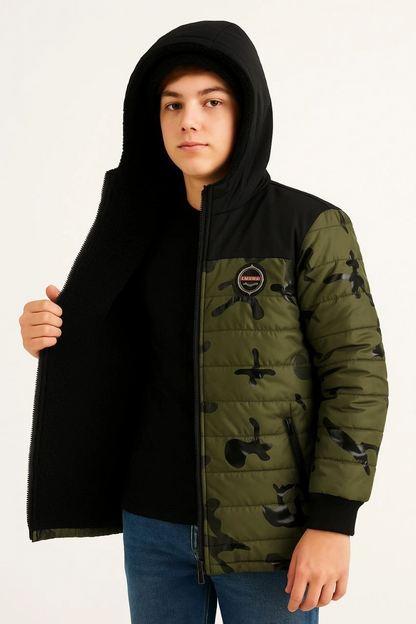 Boys' Camouflage Puffer Jacket - Khaki - Warm Plush Lined, Hooded, Zippered, Water-Repellent Winter Coat